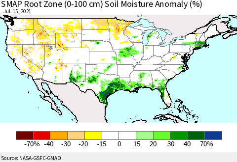 United States SMAP Root Zone (0-100 cm) Soil Moisture Anomaly (%) Thematic Map For 7/11/2021 - 7/15/2021