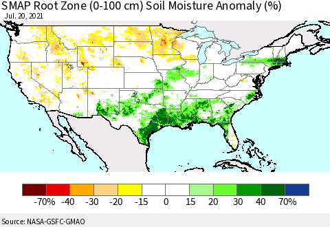 United States SMAP Root Zone (0-100 cm) Soil Moisture Anomaly (%) Thematic Map For 7/16/2021 - 7/20/2021