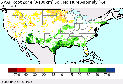 United States SMAP Root Zone (0-100 cm) Soil Moisture Anomaly (%) Thematic Map For 7/21/2021 - 7/25/2021