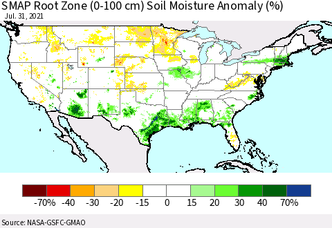 United States SMAP Root Zone (0-100 cm) Soil Moisture Anomaly (%) Thematic Map For 7/26/2021 - 7/31/2021