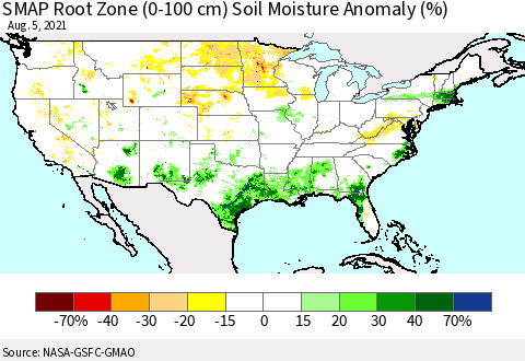 United States SMAP Root Zone (0-100 cm) Soil Moisture Anomaly (%) Thematic Map For 8/1/2021 - 8/5/2021