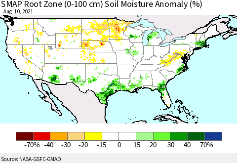 United States SMAP Root Zone (0-100 cm) Soil Moisture Anomaly (%) Thematic Map For 8/6/2021 - 8/10/2021