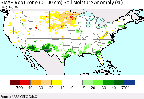 United States SMAP Root Zone (0-100 cm) Soil Moisture Anomaly (%) Thematic Map For 8/11/2021 - 8/15/2021