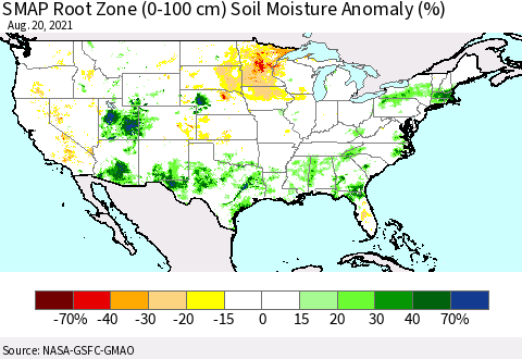 United States SMAP Root Zone (0-100 cm) Soil Moisture Anomaly (%) Thematic Map For 8/16/2021 - 8/20/2021
