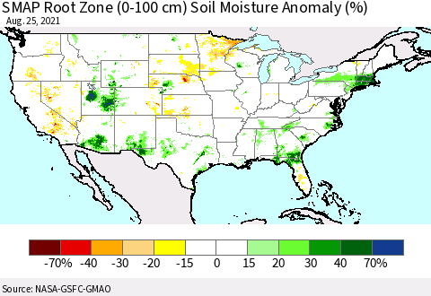United States SMAP Root Zone (0-100 cm) Soil Moisture Anomaly (%) Thematic Map For 8/21/2021 - 8/25/2021