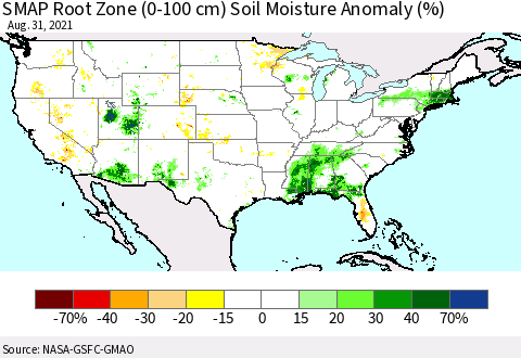 United States SMAP Root Zone (0-100 cm) Soil Moisture Anomaly (%) Thematic Map For 8/26/2021 - 8/31/2021