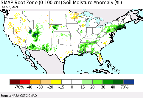 United States SMAP Root Zone (0-100 cm) Soil Moisture Anomaly (%) Thematic Map For 9/1/2021 - 9/5/2021