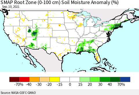 United States SMAP Root Zone (0-100 cm) Soil Moisture Anomaly (%) Thematic Map For 9/6/2021 - 9/10/2021
