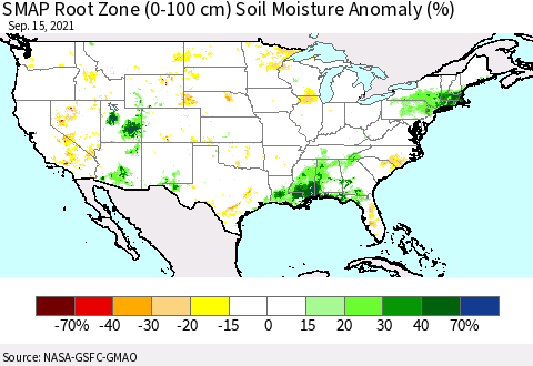 United States SMAP Root Zone (0-100 cm) Soil Moisture Anomaly (%) Thematic Map For 9/11/2021 - 9/15/2021