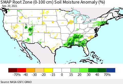 United States SMAP Root Zone (0-100 cm) Soil Moisture Anomaly (%) Thematic Map For 9/16/2021 - 9/20/2021