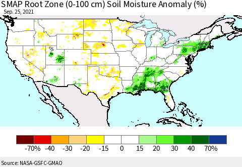 United States SMAP Root Zone (0-100 cm) Soil Moisture Anomaly (%) Thematic Map For 9/21/2021 - 9/25/2021