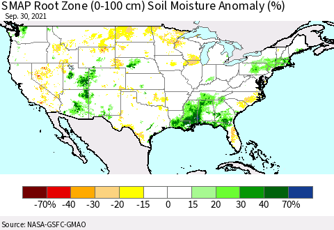United States SMAP Root Zone (0-100 cm) Soil Moisture Anomaly (%) Thematic Map For 9/26/2021 - 9/30/2021