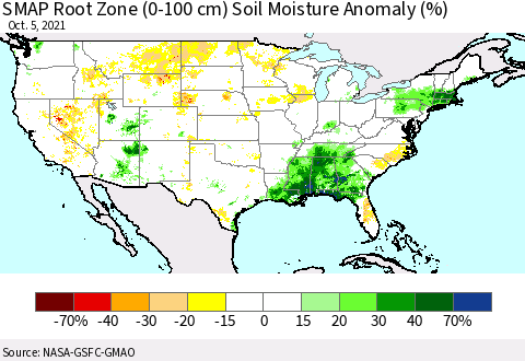 United States SMAP Root Zone (0-100 cm) Soil Moisture Anomaly (%) Thematic Map For 10/1/2021 - 10/5/2021