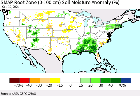 United States SMAP Root Zone (0-100 cm) Soil Moisture Anomaly (%) Thematic Map For 10/6/2021 - 10/10/2021