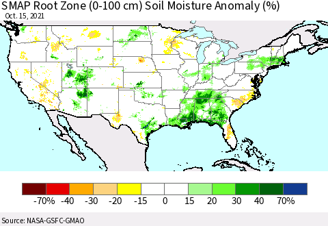 United States SMAP Root Zone (0-100 cm) Soil Moisture Anomaly (%) Thematic Map For 10/11/2021 - 10/15/2021
