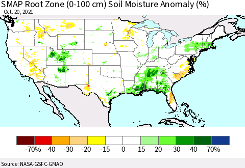 United States SMAP Root Zone (0-100 cm) Soil Moisture Anomaly (%) Thematic Map For 10/16/2021 - 10/20/2021