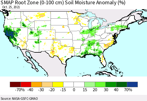 United States SMAP Root Zone (0-100 cm) Soil Moisture Anomaly (%) Thematic Map For 10/21/2021 - 10/25/2021