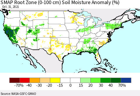 United States SMAP Root Zone (0-100 cm) Soil Moisture Anomaly (%) Thematic Map For 10/26/2021 - 10/31/2021