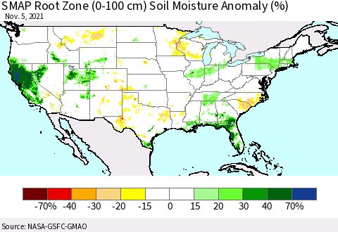 United States SMAP Root Zone (0-100 cm) Soil Moisture Anomaly (%) Thematic Map For 11/1/2021 - 11/5/2021