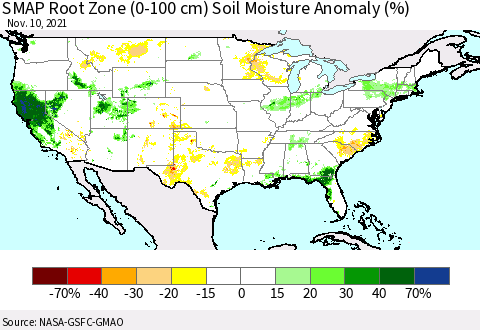 United States SMAP Root Zone (0-100 cm) Soil Moisture Anomaly (%) Thematic Map For 11/6/2021 - 11/10/2021