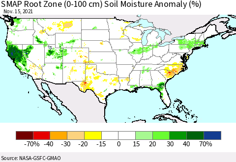 United States SMAP Root Zone (0-100 cm) Soil Moisture Anomaly (%) Thematic Map For 11/11/2021 - 11/15/2021