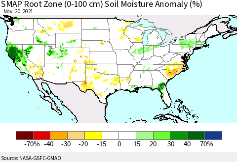 United States SMAP Root Zone (0-100 cm) Soil Moisture Anomaly (%) Thematic Map For 11/16/2021 - 11/20/2021