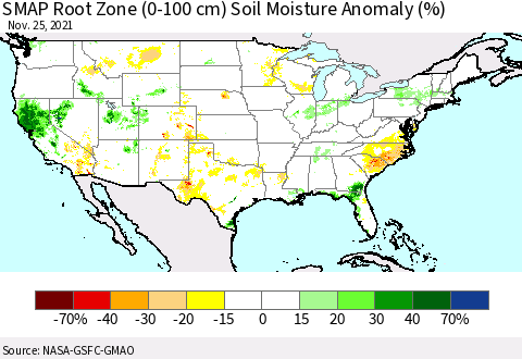 United States SMAP Root Zone (0-100 cm) Soil Moisture Anomaly (%) Thematic Map For 11/21/2021 - 11/25/2021