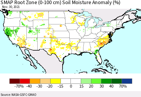 United States SMAP Root Zone (0-100 cm) Soil Moisture Anomaly (%) Thematic Map For 11/26/2021 - 11/30/2021
