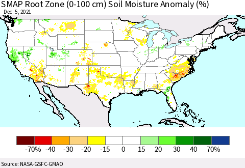 United States SMAP Root Zone (0-100 cm) Soil Moisture Anomaly (%) Thematic Map For 12/1/2021 - 12/5/2021