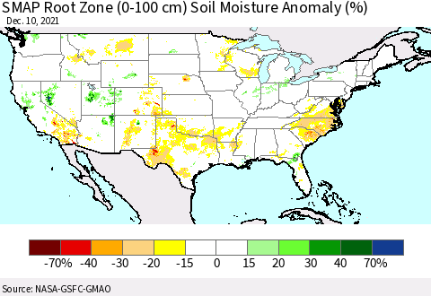 United States SMAP Root Zone (0-100 cm) Soil Moisture Anomaly (%) Thematic Map For 12/6/2021 - 12/10/2021