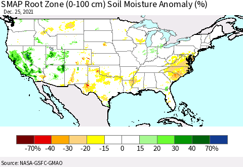 United States SMAP Root Zone (0-100 cm) Soil Moisture Anomaly (%) Thematic Map For 12/21/2021 - 12/25/2021