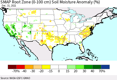 United States SMAP Root Zone (0-100 cm) Soil Moisture Anomaly (%) Thematic Map For 12/26/2021 - 12/31/2021
