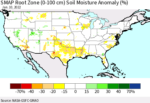 United States SMAP Root Zone (0-100 cm) Soil Moisture Anomaly (%) Thematic Map For 1/6/2022 - 1/10/2022