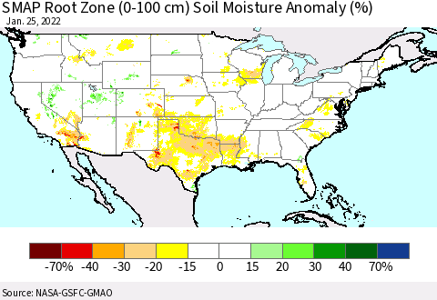United States SMAP Root Zone (0-100 cm) Soil Moisture Anomaly (%) Thematic Map For 1/21/2022 - 1/25/2022