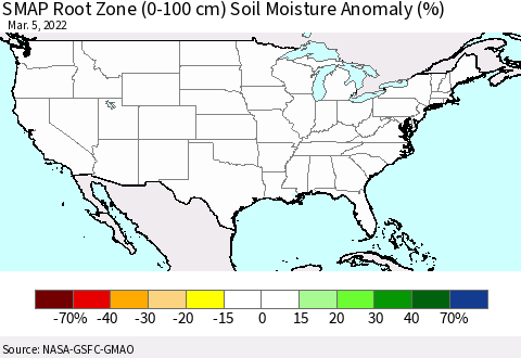 United States SMAP Root Zone (0-100 cm) Soil Moisture Anomaly (%) Thematic Map For 3/1/2022 - 3/5/2022