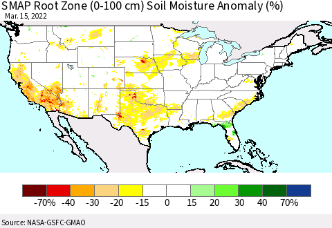 United States SMAP Root Zone (0-100 cm) Soil Moisture Anomaly (%) Thematic Map For 3/11/2022 - 3/15/2022