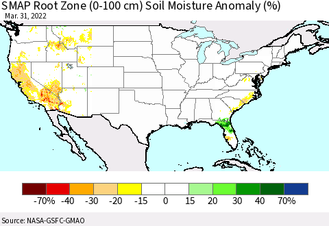 United States SMAP Root Zone (0-100 cm) Soil Moisture Anomaly (%) Thematic Map For 3/26/2022 - 3/31/2022