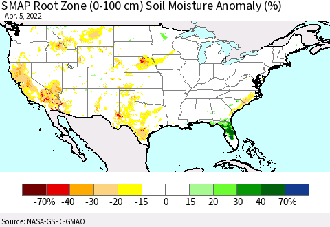 United States SMAP Root Zone (0-100 cm) Soil Moisture Anomaly (%) Thematic Map For 4/1/2022 - 4/5/2022