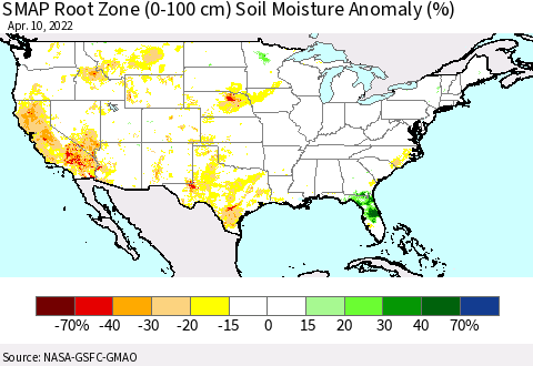United States SMAP Root Zone (0-100 cm) Soil Moisture Anomaly (%) Thematic Map For 4/6/2022 - 4/10/2022