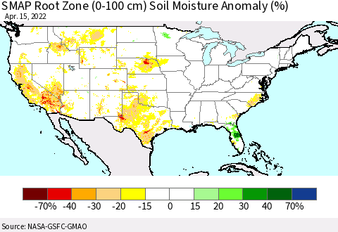 United States SMAP Root Zone (0-100 cm) Soil Moisture Anomaly (%) Thematic Map For 4/11/2022 - 4/15/2022