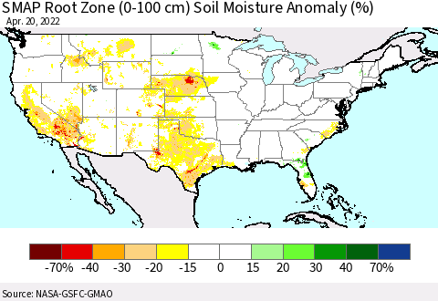 United States SMAP Root Zone (0-100 cm) Soil Moisture Anomaly (%) Thematic Map For 4/16/2022 - 4/20/2022