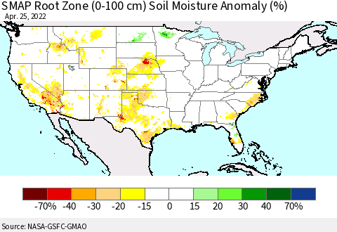 United States SMAP Root Zone (0-100 cm) Soil Moisture Anomaly (%) Thematic Map For 4/21/2022 - 4/25/2022
