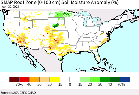 United States SMAP Root Zone (0-100 cm) Soil Moisture Anomaly (%) Thematic Map For 4/26/2022 - 4/30/2022