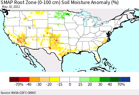 United States SMAP Root Zone (0-100 cm) Soil Moisture Anomaly (%) Thematic Map For 5/6/2022 - 5/10/2022