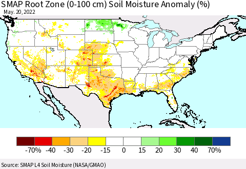 United States SMAP Root Zone (0-100 cm) Soil Moisture Anomaly (%) Thematic Map For 5/16/2022 - 5/20/2022