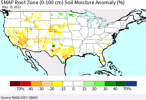United States SMAP Root Zone (0-100 cm) Soil Moisture Anomaly (%) Thematic Map For 5/21/2022 - 5/25/2022