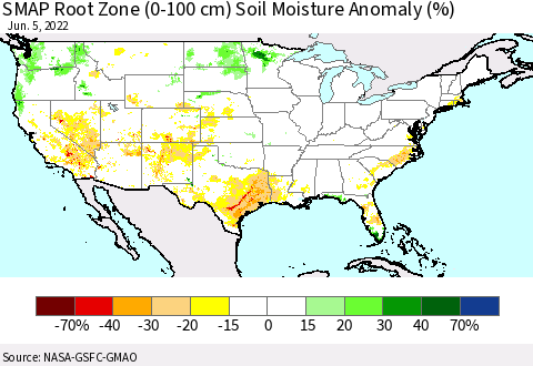United States SMAP Root Zone (0-100 cm) Soil Moisture Anomaly (%) Thematic Map For 6/1/2022 - 6/5/2022