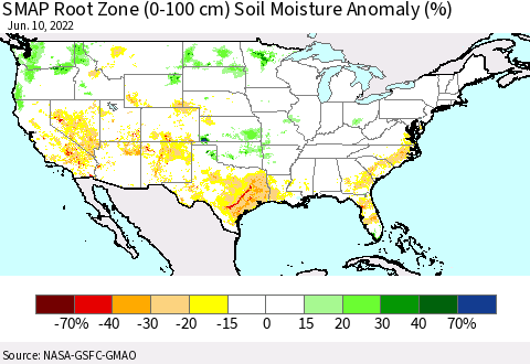 United States SMAP Root Zone (0-100 cm) Soil Moisture Anomaly (%) Thematic Map For 6/6/2022 - 6/10/2022