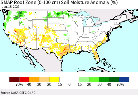 United States SMAP Root Zone (0-100 cm) Soil Moisture Anomaly (%) Thematic Map For 6/11/2022 - 6/15/2022