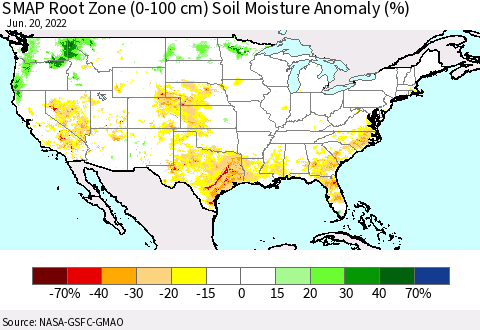 United States SMAP Root Zone (0-100 cm) Soil Moisture Anomaly (%) Thematic Map For 6/16/2022 - 6/20/2022